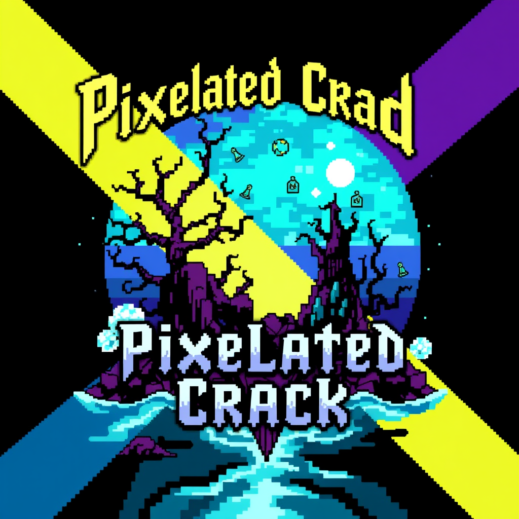 T-shirt design featuring a blocky, colorful 8-bit style of death metal blended with chiptune. The visual should be unique and striking, showcasing a macabre yet beautiful theme, with the band name "Pixelated Crack" and a scene inspired by the deep sea. - Image