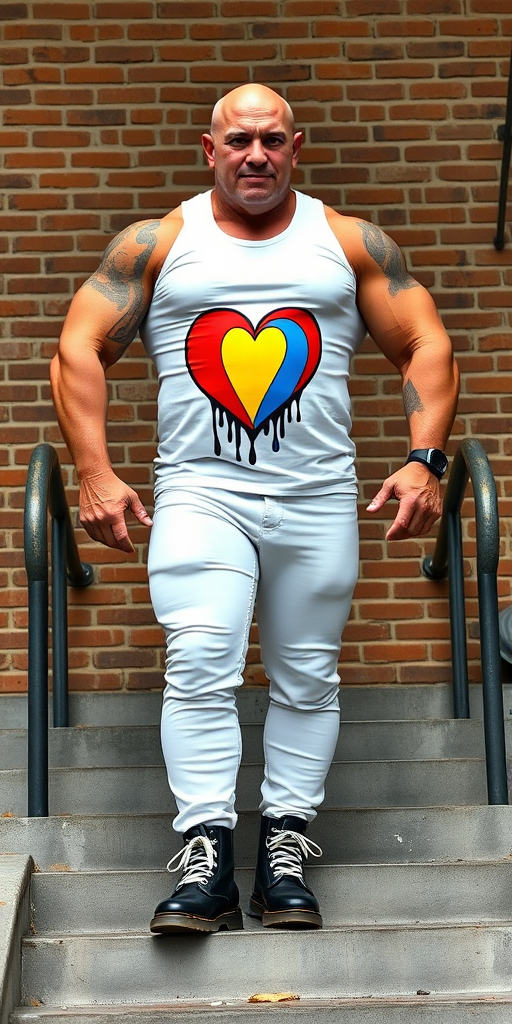 A towering, muscular 60-year-old skinhead bodybuilder stands confidently on concrete stairs, his gleaming bald head contrasting with his light skin. Clad in a striking white t-shirt with the gay flag in the shape of a heart dripping logo, tattooed arms flex beneath the sleeveless fabric. Tight bleached denim trousers highlight his powerful legs, complemented by knee-high Dr. Martens boots with white laces. The rugged brick wall and metal handrails create an industrial backdrop, enhancing the imposing presence of this behemoth.