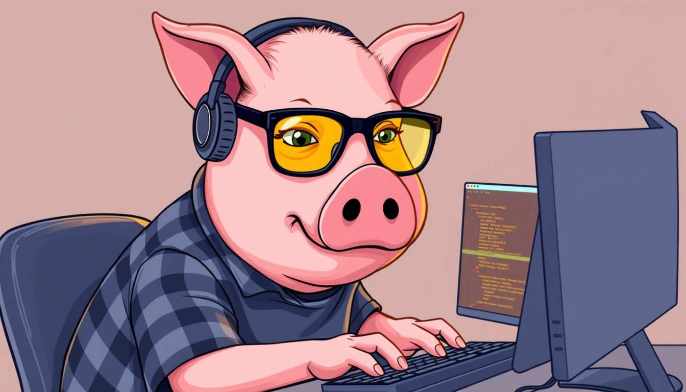 A tech-savvy pig coder, wearing yellow-tinted glasses and sleek noise-cancelling headphones, hunches over a cutting-edge multi-monitor setup. The anthropomorphic pig exudes focus, typing furiously, dressed in a plaid t-shirt.