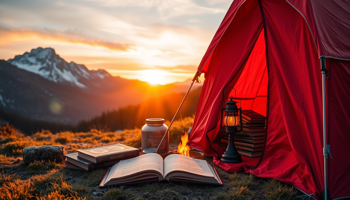 Vibrant scene with red tent, books, lantern, and fire, set against backdrop mountains and warm sunset.