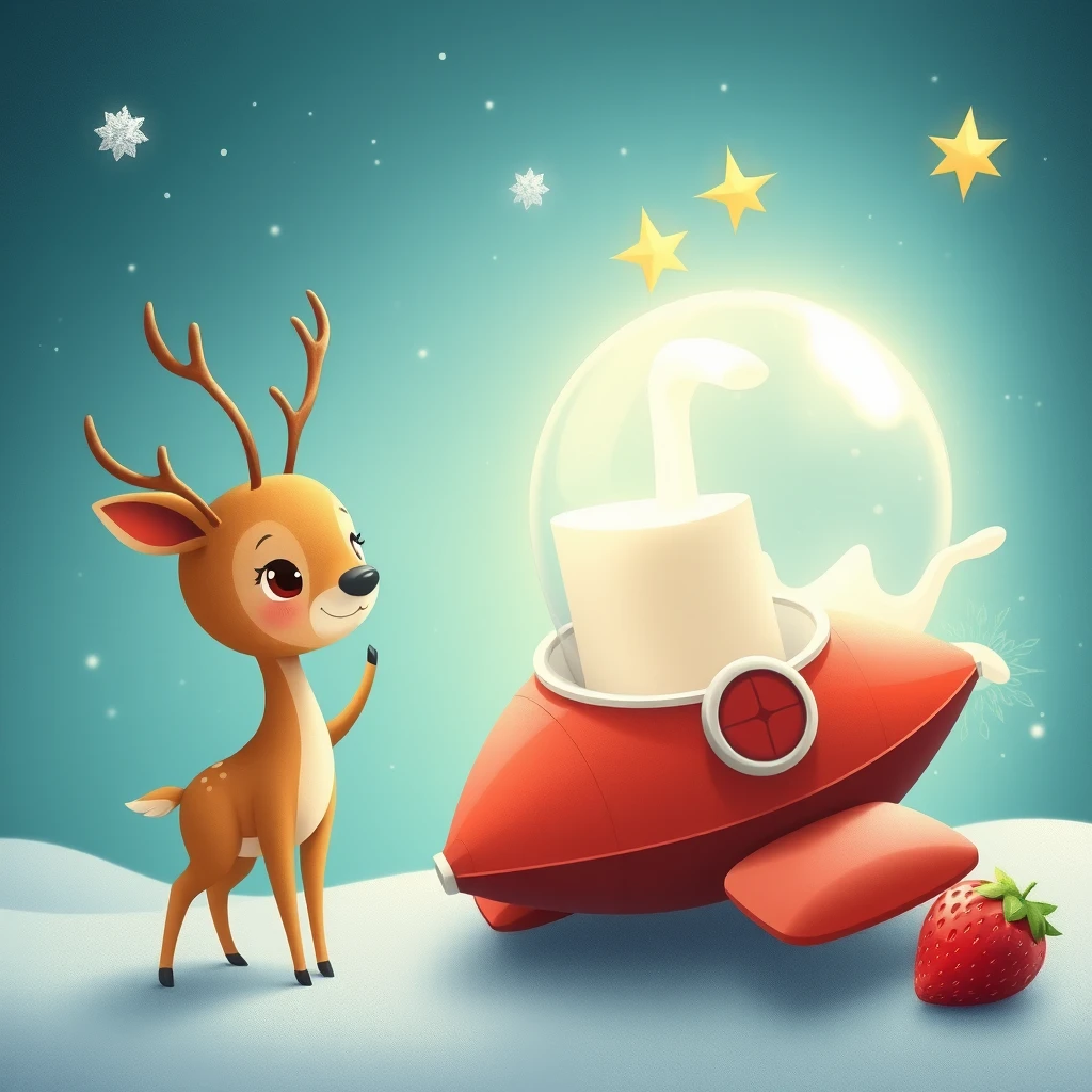 "A cute baby deer and spaceship that must drink a million strawberry milks to get to Santa's star."