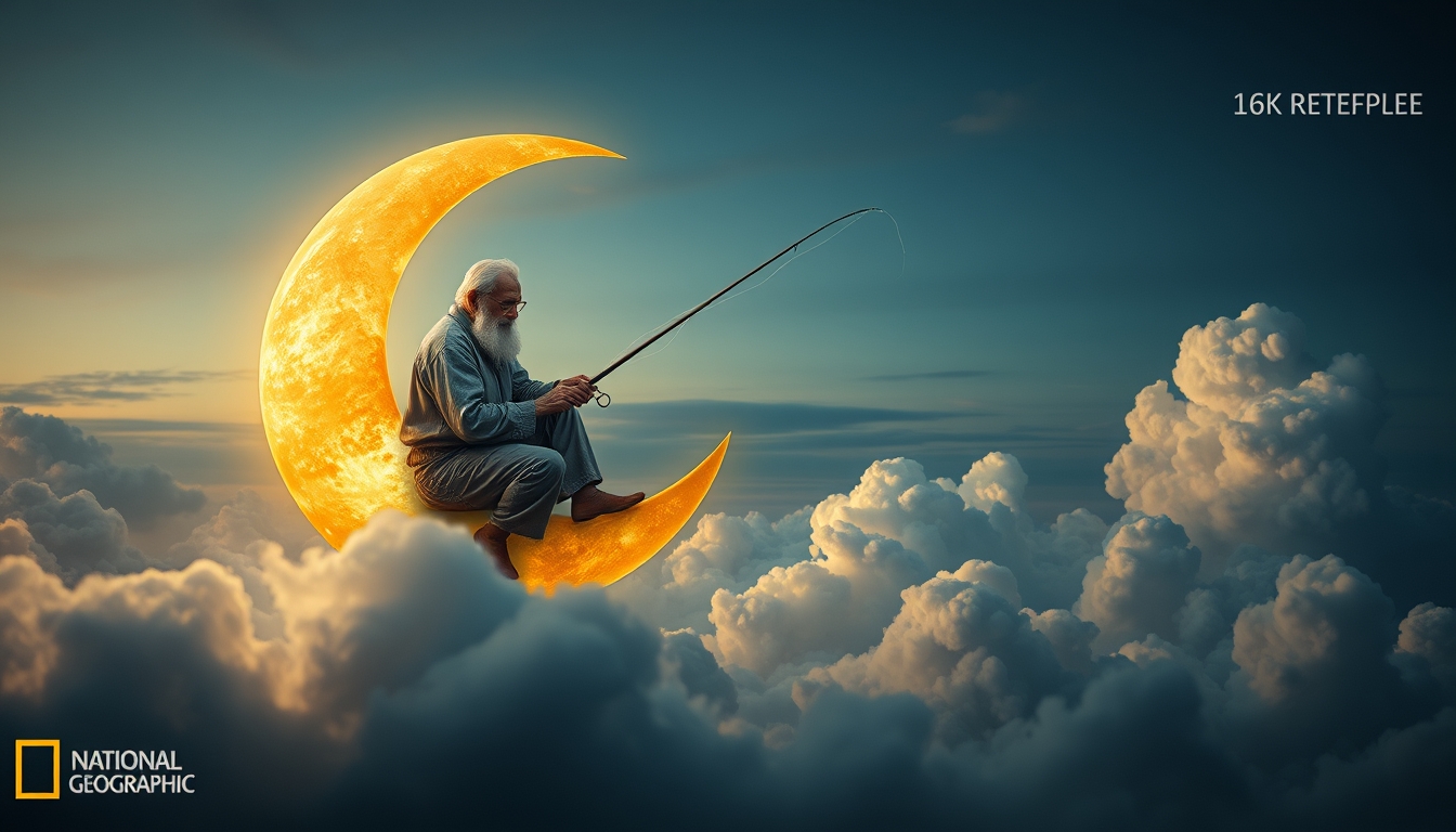 An old man sits serenely on a crescent moon, fishing among the clouds. The scene has an evening, tranquil atmosphere. It’s dreamy and whimsical. Deep depth of field, photography, National Geographic photo, hyper-realistic, 16k resolution, masterpiece, award-winning artwork, many details, extremely detailed, full of details, wide range of colors, high dynamic. - Image