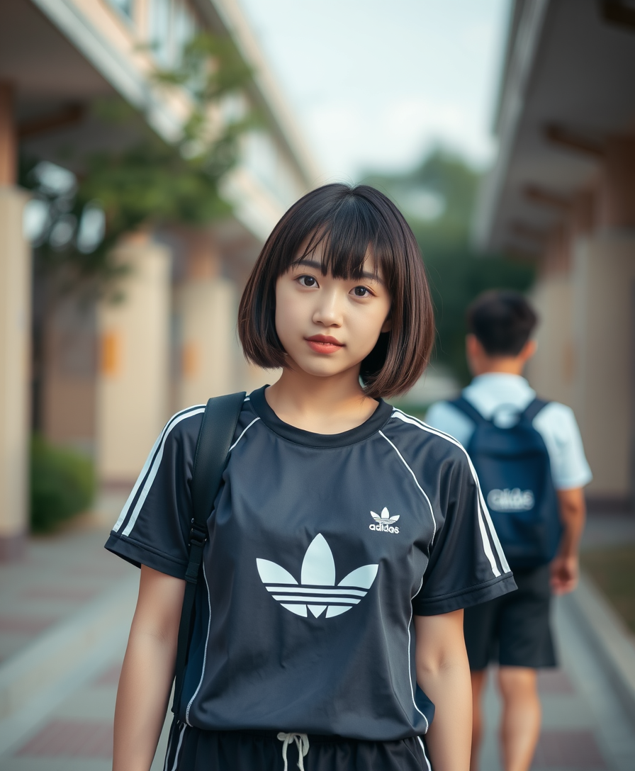 A Korean girl in gym clothes like Adidas. Bob cut hairstyle, short sleeves, shorts, gym clothes. School grounds.