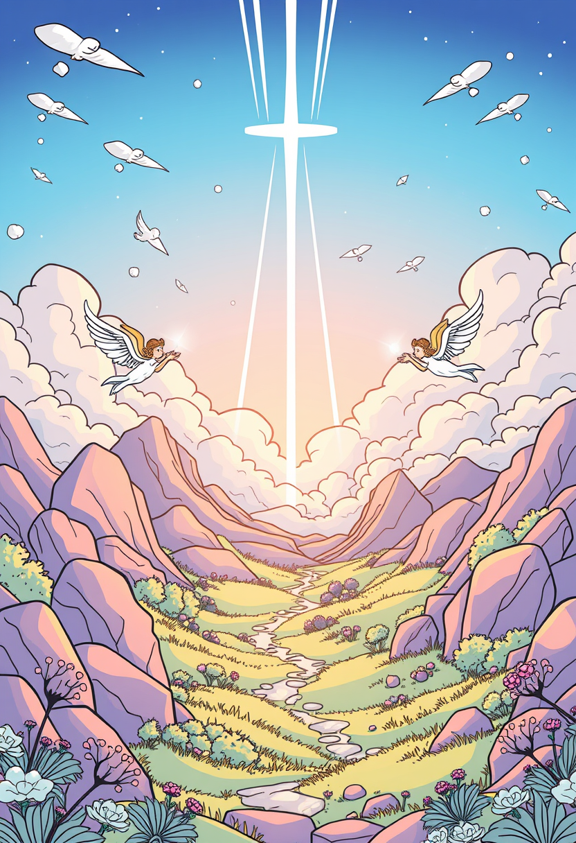 Illustrate a beautiful, serene landscape symbolizing the Kingdom of Heaven, with angels and light shining down. a coloring book page, cartoon style, thick lines, low details, no shading.