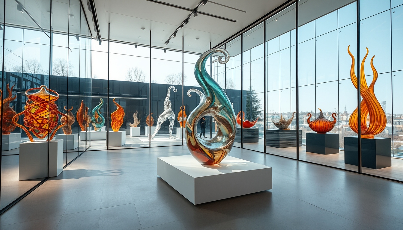 A modern art gallery with glass walls, showcasing contemporary glass sculptures.