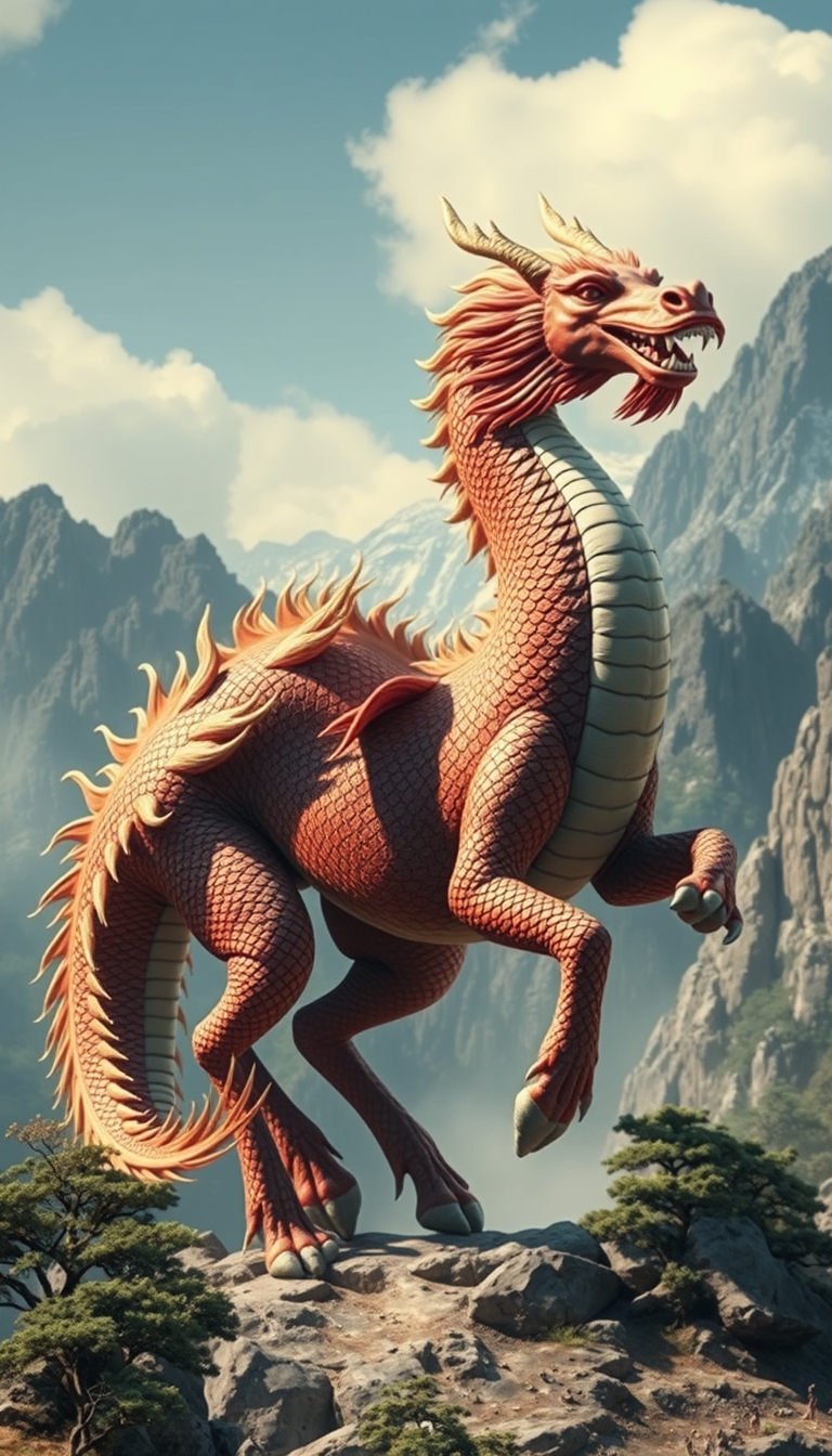 (ultra realistic) an oriental dragon combined with a horse body, in a Chinese mountain background.