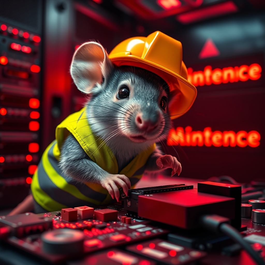 A small mouse with a hard hat and high visibility vest is repairing a circuit board, the mouse has a serious look in his eyes, the background shows a server room with red emergency lighting only, red ambient lighting, emergency lighting, (Text background saying "Maintenance"). - Image