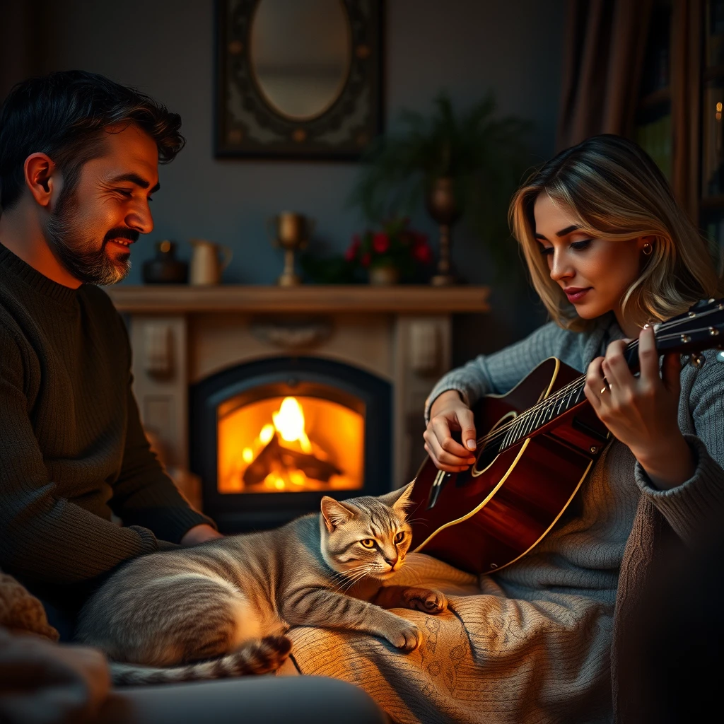 At night, the European-style decorated living room is softly lit. The flames in the fireplace dance gently, reflecting on the faces of the male and female leads, adding a touch of warmth. A silver-gradient cat curls up on the woman's lap, occasionally emitting satisfied purring sounds. The man picks up the guitar nearby and strums a melody softly, while the woman hums along with the music. This home is filled with love and harmony, making it a cozy refuge.