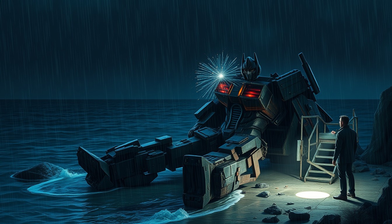 There was a reef on the coast of the dark sea. A scarred Transformer fell beside the reef. The Transformer's left arm was missing, revealing the connection line, which was emitting fireworks. A man looked at the Transformer with a flashlight in the rain.