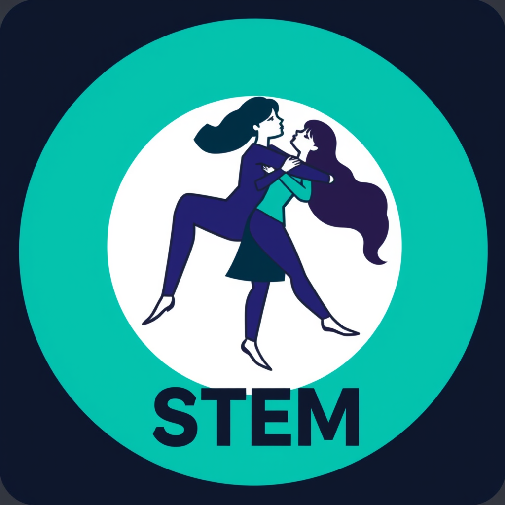 Vector icon that represents a woman lifting each other up in the STEM industry. The color scheme of teals, dark blue, dark purple, and black.