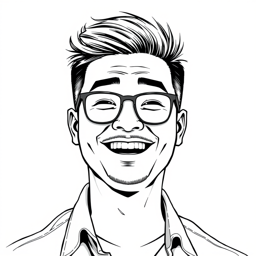 A cool black and white line drawing of a man around 35 years old, with short hair, Asian descent, wearing thin black-framed glasses, a slightly short beard on his chin, a shirt, a round face, clean and fresh skin, a slightly plump physique, and laughing heartily. - Image