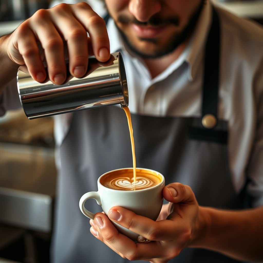 Barista pouring latte art into a coffee cup, highlighting the skill and artistry in coffee making. - Image