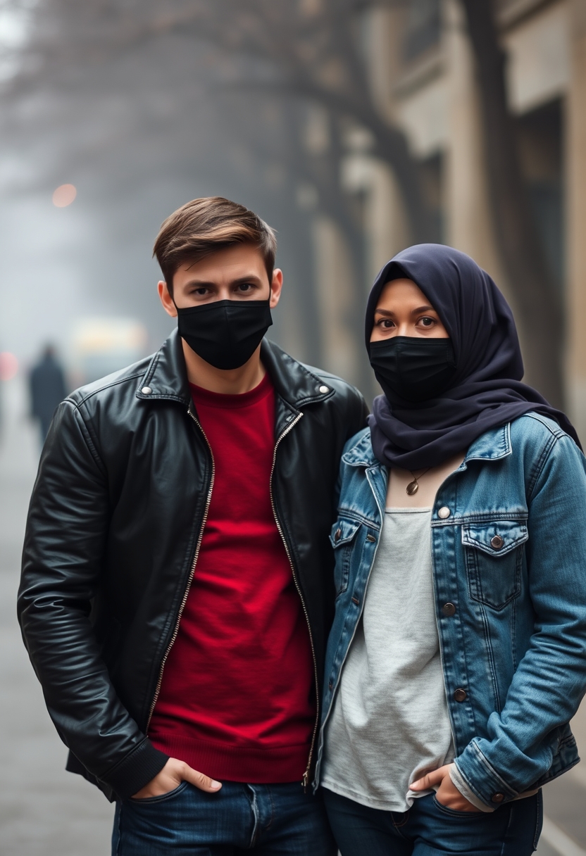 Jamie Dornan, handsome, black face mask, black leather jacket, jeans, dating, love couple with the biggest hijab Muslim girl, beautiful eyes, black face mask, jeans jacket, gloomy scenery, realistic, street photography.