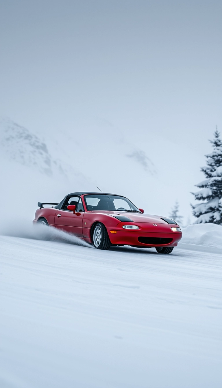 Create an image of a red 1991 Mazda MX-5 drifting on a snowy mountain. - Image