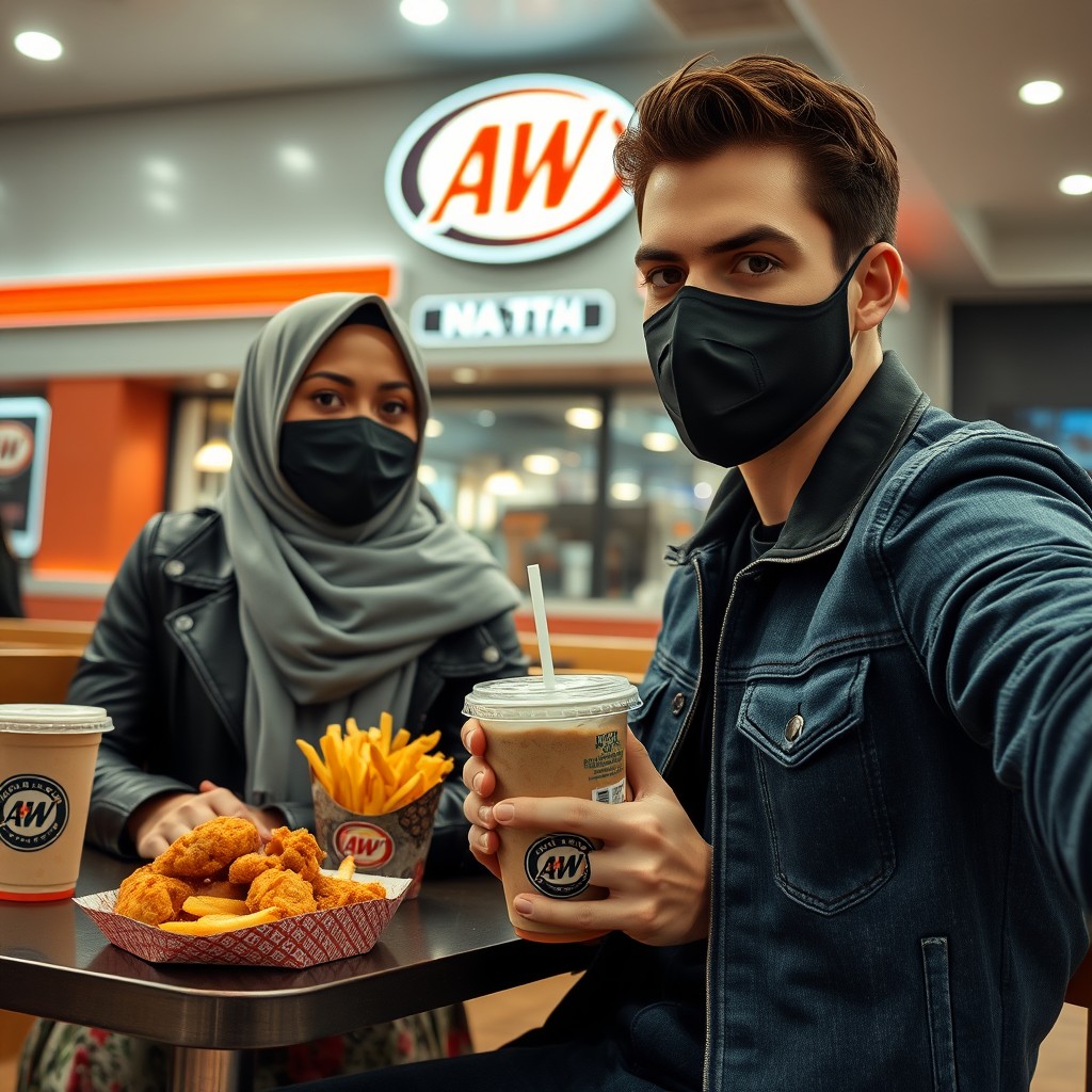 Jamie Dornan's head and body shot, handsome young man, wearing a black face mask, blue jeans jacket, and jeans, on a date with a beautiful Muslim girl in a grey hijab, who has beautiful eyes, also wearing a black face mask and a black leather jacket, with the biggest floral skirt, at an A&W fast food restaurant, with a plate of Korean fried chicken, two cups of fries, and an A&W soft drink, photorealistic, hyper-realistic, street photography, selfie.