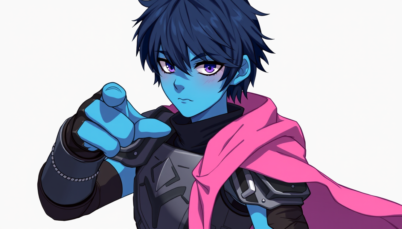 A human teenager is wearing shoulder pauldrons, a cuirass, gauntlets, and boots, with a pink cape draping across their right shoulder. Their skin is cyan, and their hair is messy, shoulder-length navy blue. Long bangs cast a shadow that hides the upper half of their face as they point forward.