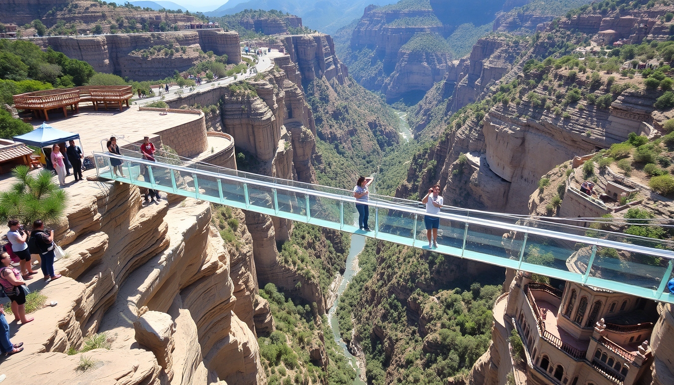 A glass bridge spanning a deep canyon, with tourists marveling at the view below. - Image