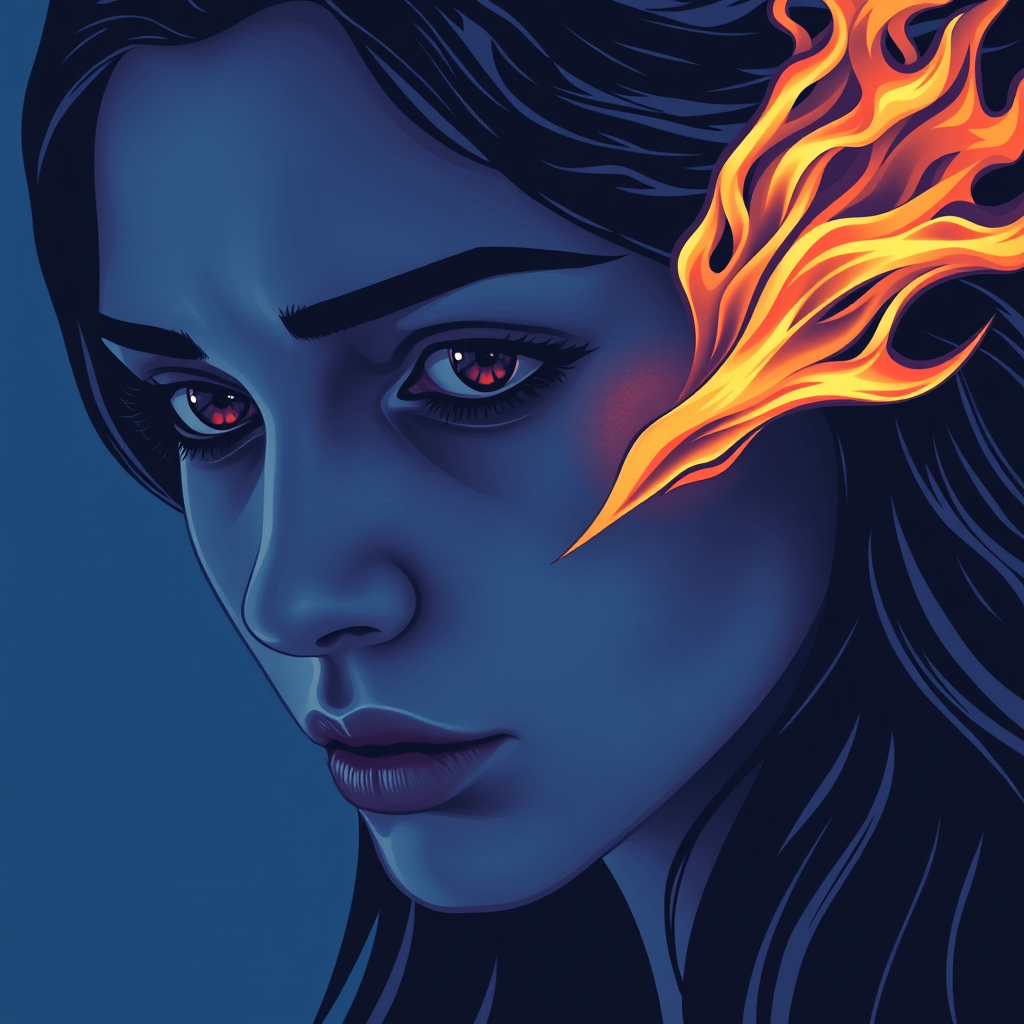 A tee shirt design of a close-up of a woman's face, inspired by the sun. Her expression is deep and soulful, reflecting both passion and sadness. Her eyes are intense and filled with emotion. The color palette is cool, featuring deep blues and purples, with a hint of warmth in her eyes. Whipping flames accent her face, blending seamlessly into the background, creating a contrast between the cool and warm tones. The overall feel is a harmonious blend of passion and melancholy, embodying the soulful essence of the sun. Transparent background.