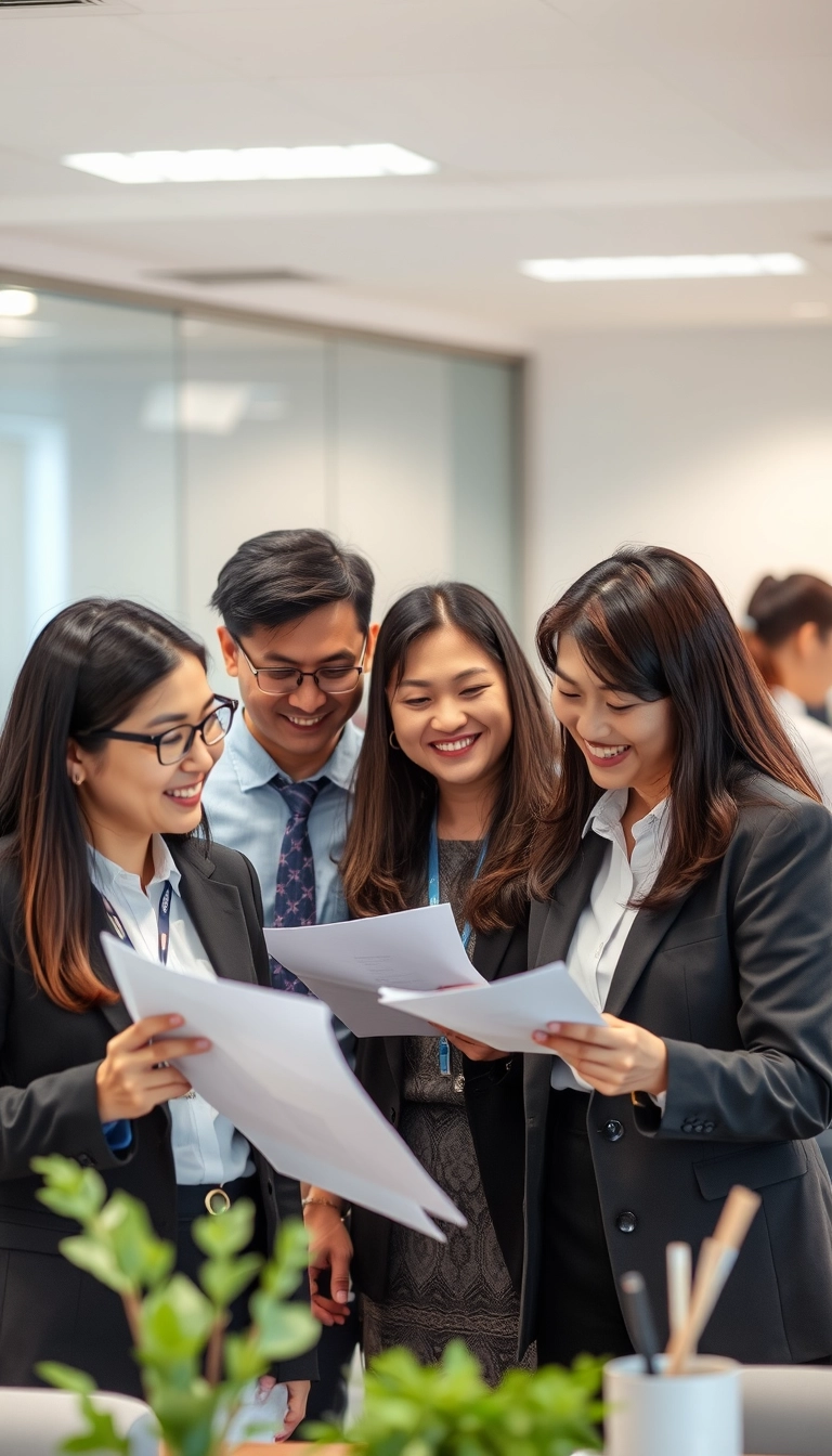 Group of south-east Asian businessmen and businesswomen in office space, meeting with happiness on their faces, looking at paper documents, realistic photo.