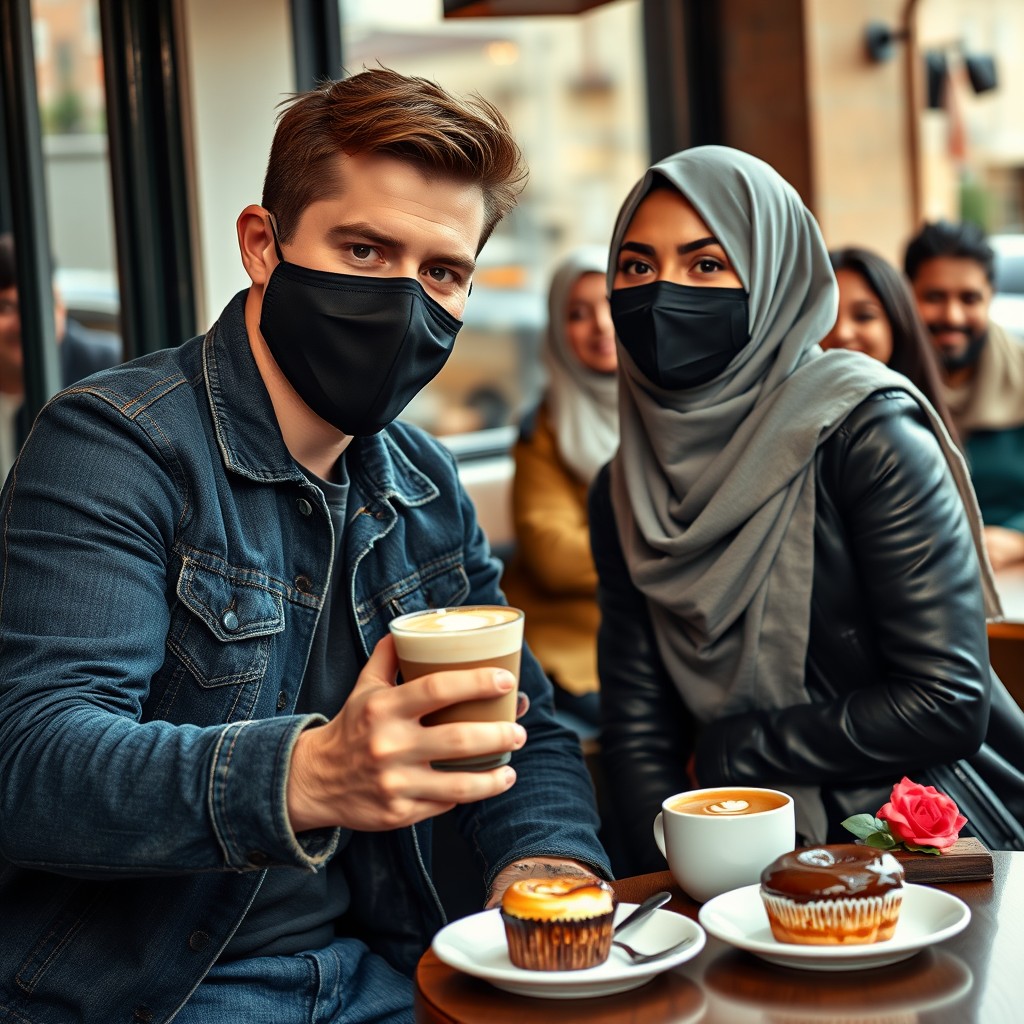 Jamie Dornan's head and body shot, handsome, black face mask, blue jeans jacket, jeans, dating love with a Muslim girl in a grey hijab, beautiful eyes, black face mask, black leather jacket, biggest floral skirt, at a cafe, 2 cups of latte, muffin cake, chocolate donut on a table, with another 4 friends smiling in the back, photorealistic, hyper-realistic, street photography, selfie.