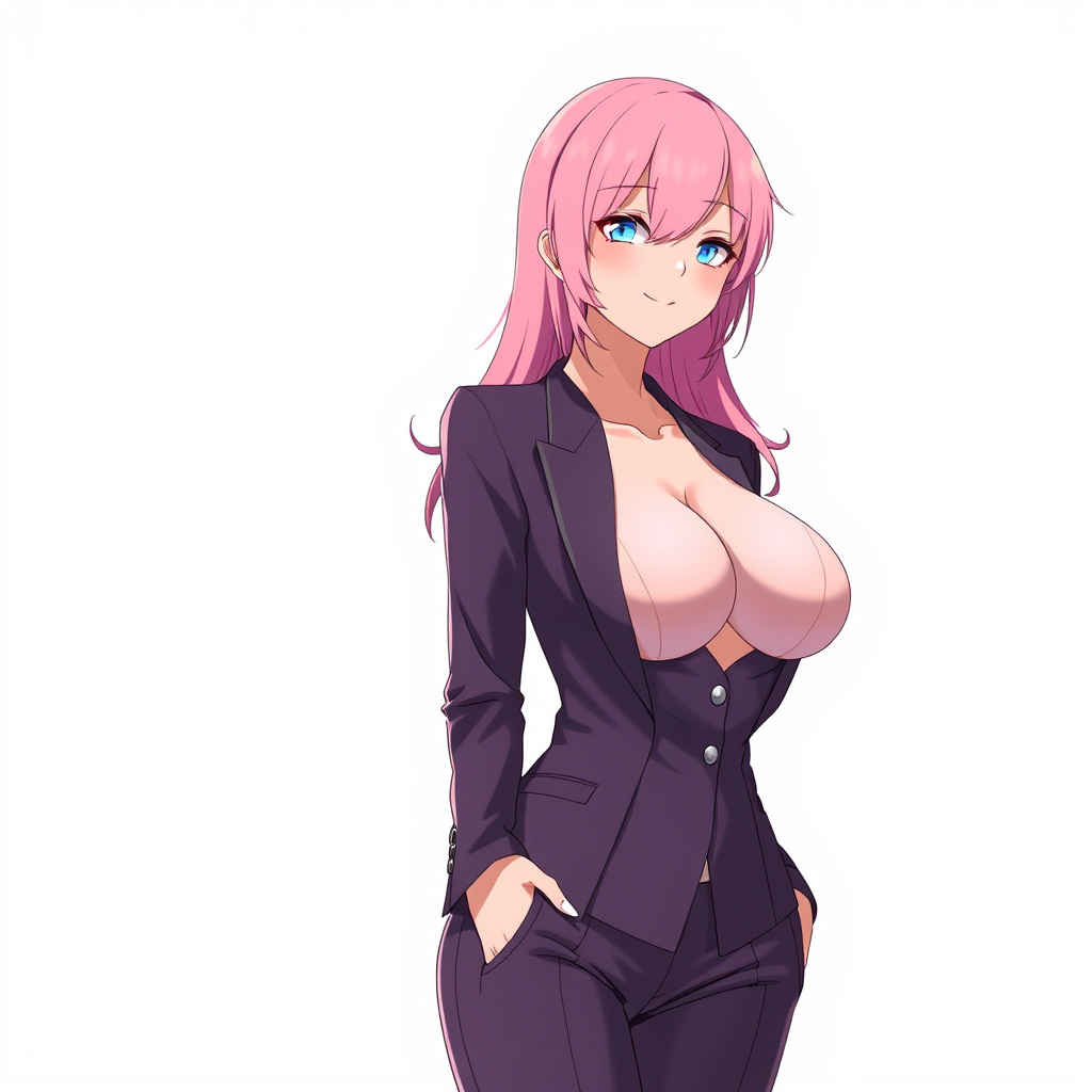 Anime art of a motherly woman, pink hair, large breasts, reflection on the suit, detailed body, standing, white background, stunning details, trending on artstation, anime artwork, anime cel shading. - Image