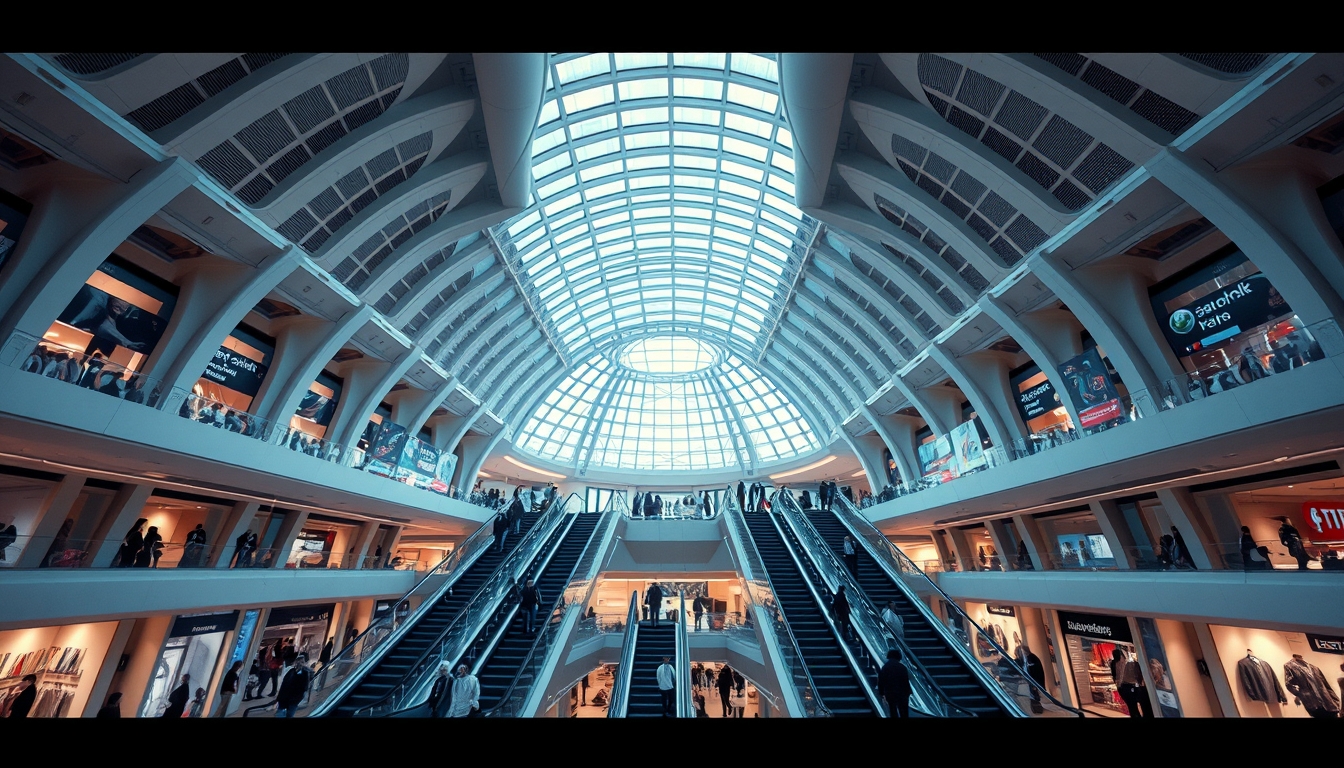 A futuristic shopping mall with glass ceilings and escalators, filled with shoppers.