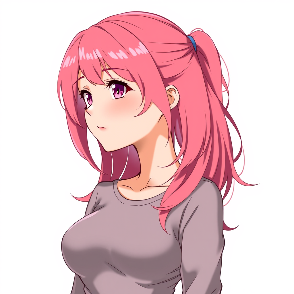 Anime art of a motherly woman, pink hair, tight shirt, detailed body, standing, white background, stunning details, trending on artstation, anime artwork, anime cel shading, detailed soft shadows - Image