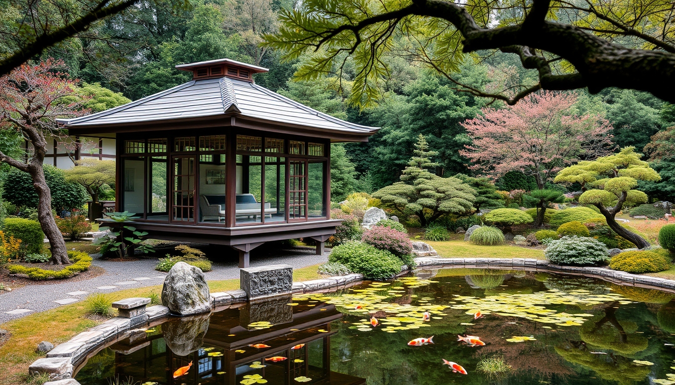 A serene Japanese garden with a glass teahouse overlooking a koi pond.