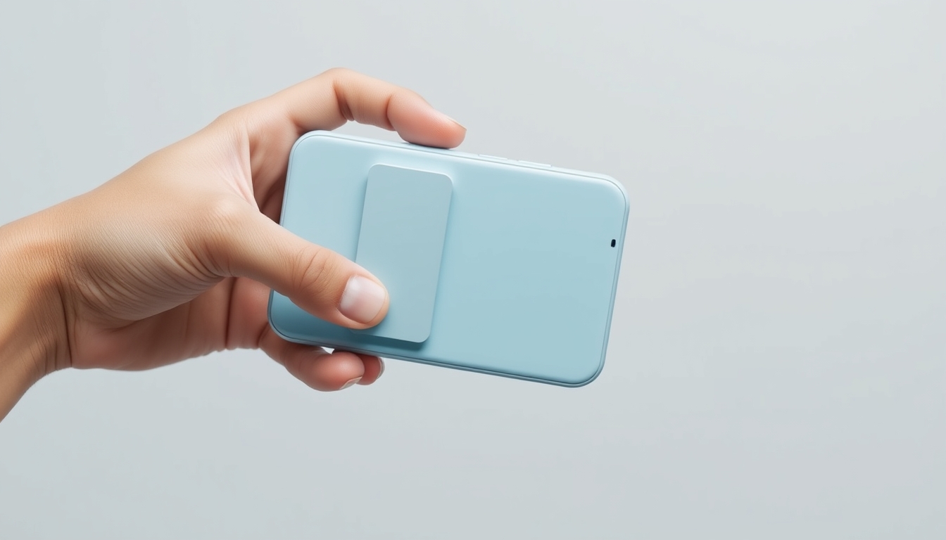 A marketing image showing a person holding a light blue smartphone with a rectangular attachment on the back. The phone has three camera lenses in the upper corner. The background is minimalist and light gray, creating a clean and modern aesthetic. The person's hands, slightly tan, hold the phone in a landscape orientation, as if taking a photo or video. - Image