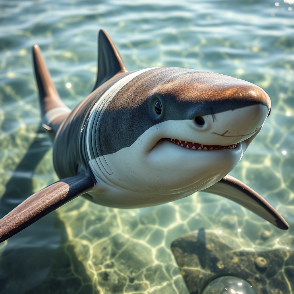 Three-quarter view of a mesmerizing shark-panda hybrid, its sleek shark body adorned with soft panda fur patches. Hyper-realistic details reveal every scale and hair. Piercing eyes blend predatory intensity with gentle wisdom. Submerged in crystal-clear shallows, sunlight dapples its form. - Image