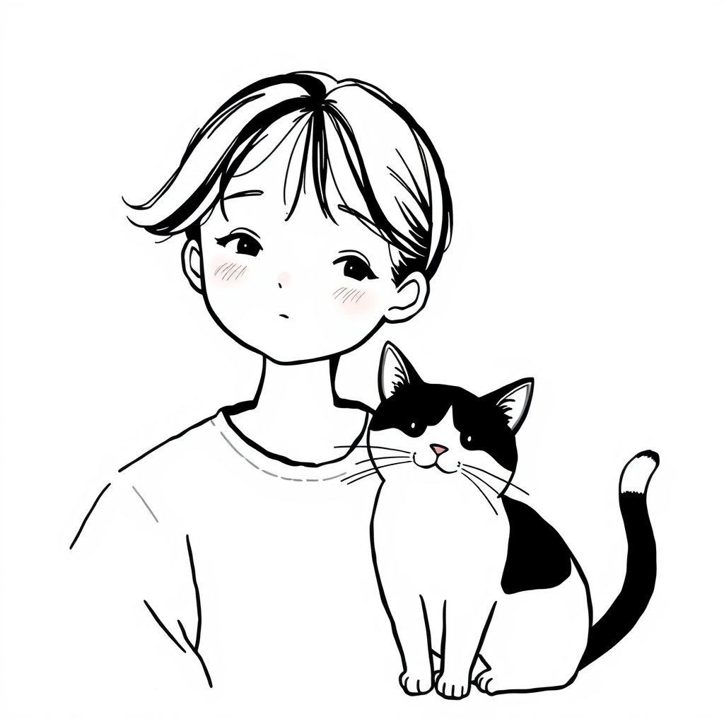 A girl and a cat in black and white, in the style of Japanese minimalism, children's book illustrations, loose linework, rounded, white and black, dignified poses, normcore, a color picture.