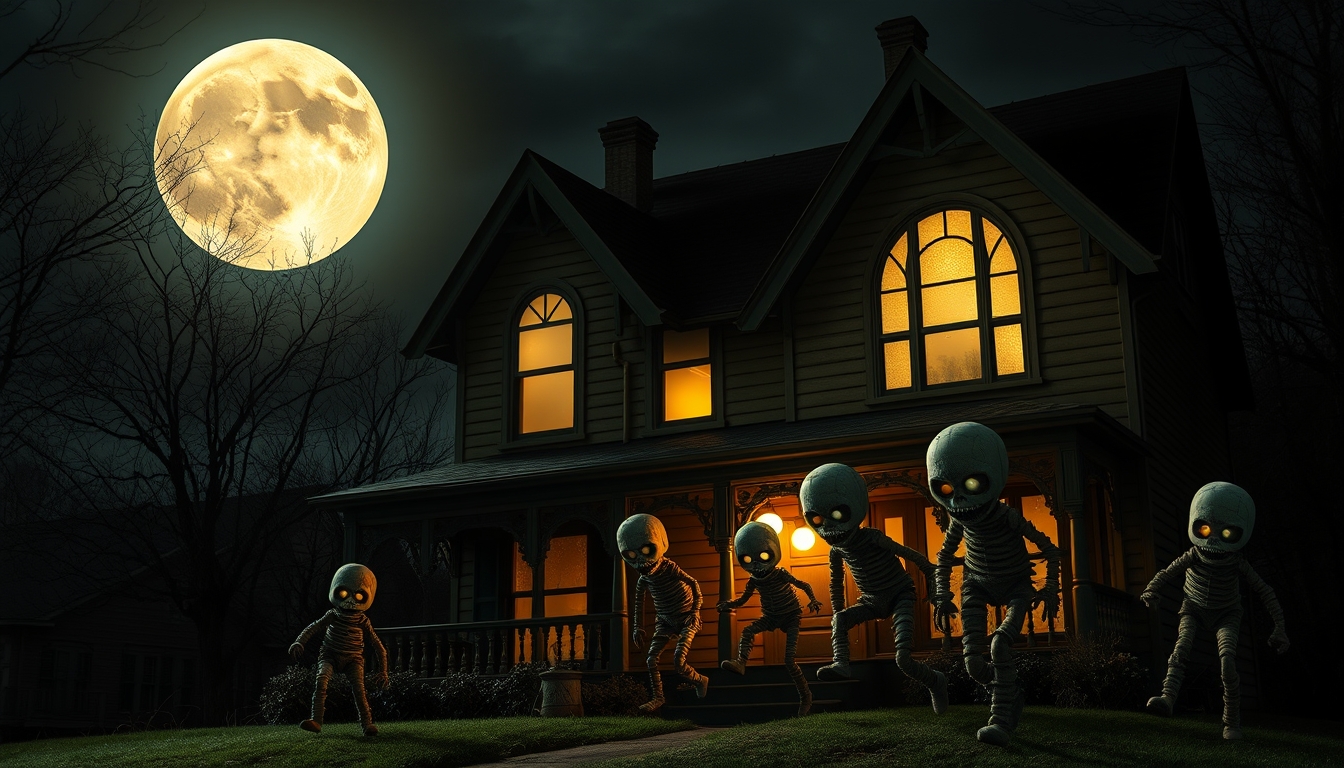 A hauntingly beautiful full moon ascends over a quaint, Victorian-era family home, casting long, ominous shadows. The home, once a symbol of warmth and comfort, now houses patchwork mummified zombie dolls that have come to life. Each doll, a unique blend of adorable and eerie, scampers and shambles through the house, their stitched-together features eerily illuminated by the moonlight filtering through the window. The dolls, once cherished toys, now embody a chilling threat, their eyes glowing with an unsettling hunger that echoes the moon's cold, haunting light. - Image