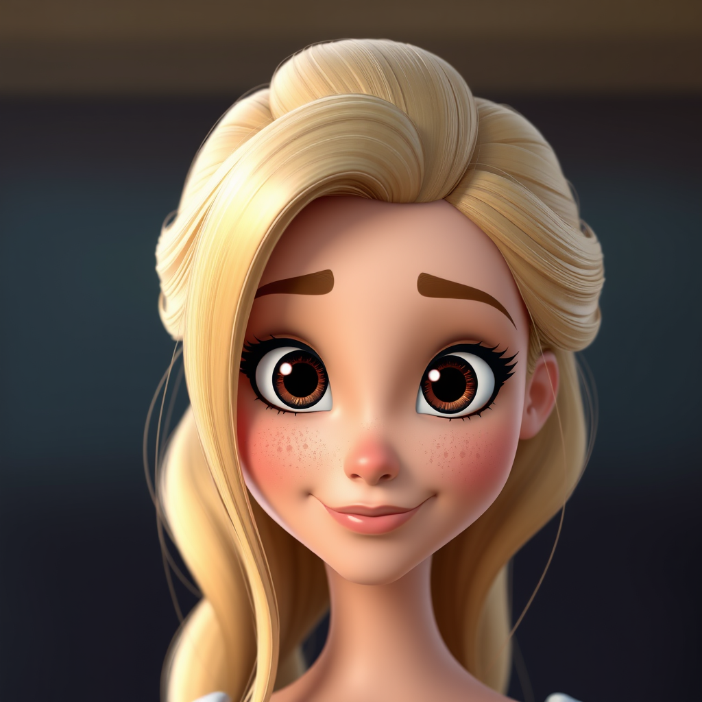 A woman portrait with blonde hair, big eyes, 3D Disney character.