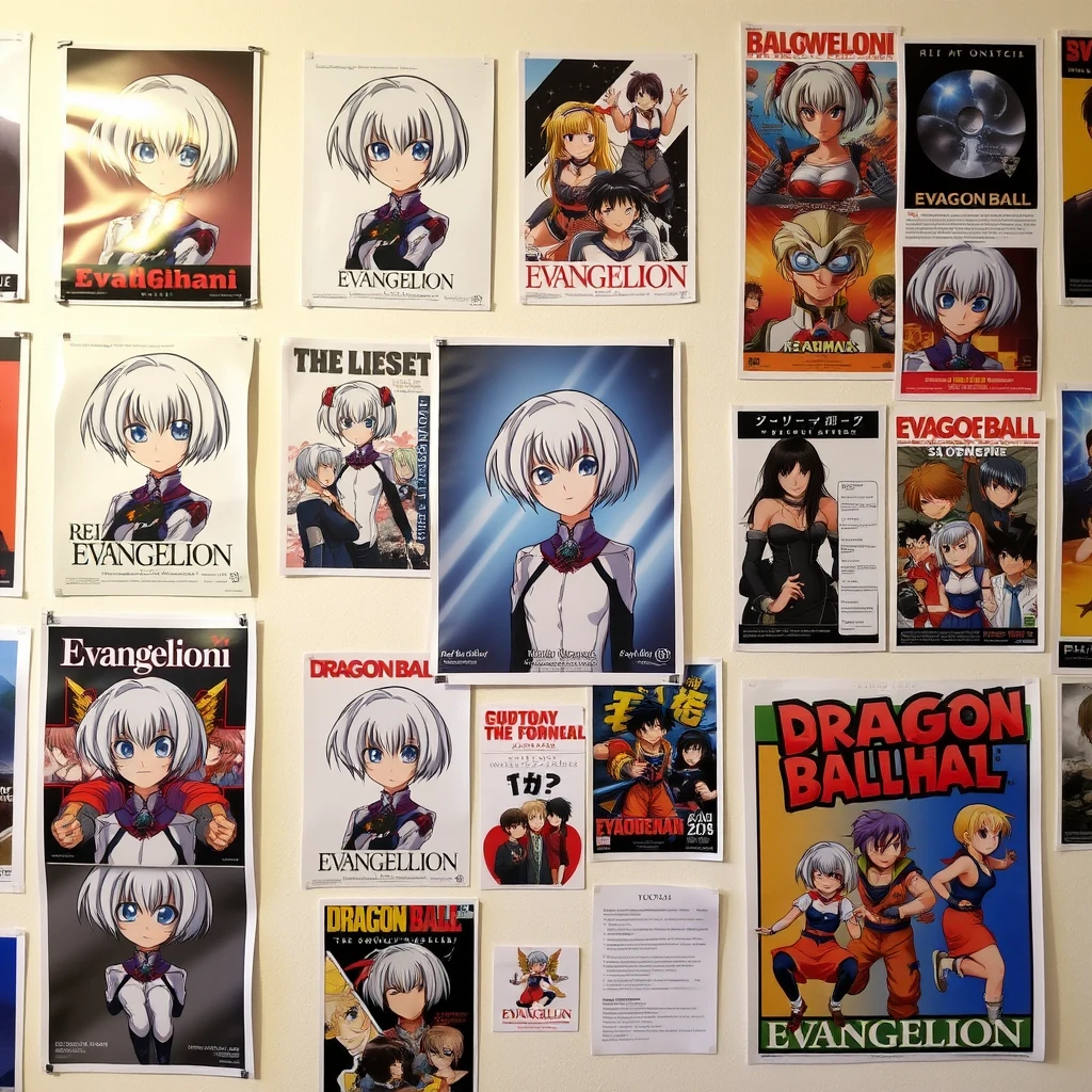 A wall covered with many posters, including posters of the famous anime character Rei Ayanami, posters from Neon Genesis Evangelion, and posters from Dragon Ball. - Image