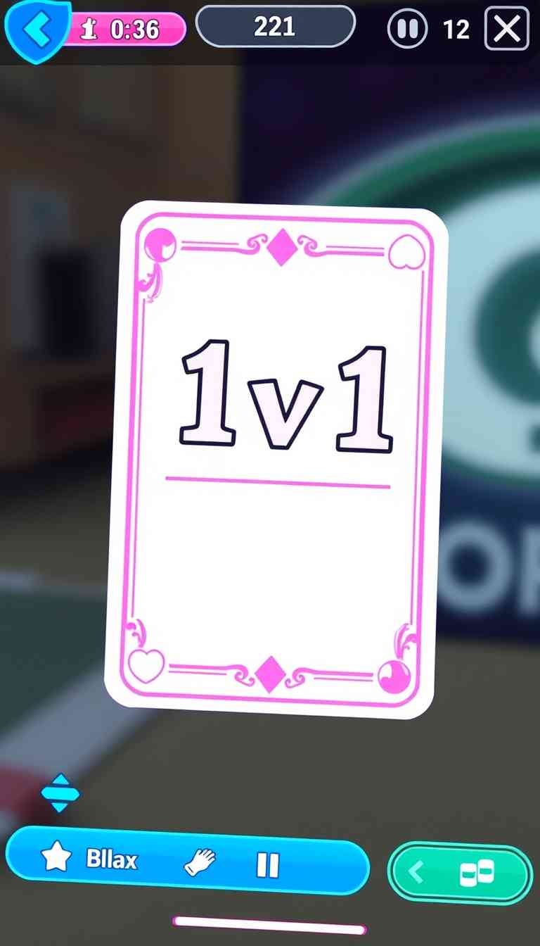 A portrait card in pink and white color, 1v1 text on it, soft colors, bubbly style, game menu screen. - Image