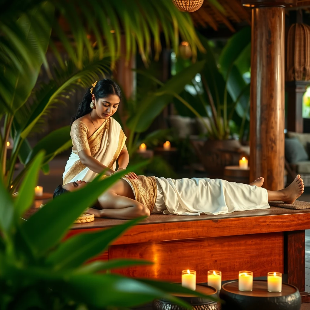 Create an image featuring a serene Kerala spa scene. In the foreground, depict a traditional Kerala lady dressed in a white and gold saree (kasavu) with intricate detailing, gently massaging a Kerala man who is lying on a wooden massage table. The man, wearing a white dhoti, looks relaxed and rejuvenated. Surround the scene with natural elements like banana leaves, coconut trees, and soft candlelight, enhancing the calming atmosphere. The background should include elements of traditional Kerala architecture, such as wooden pillars and a thatched roof, to emphasize the authentic experience. The lighting should be soft and warm, highlighting the peaceful ambiance of the spa setting. - Image