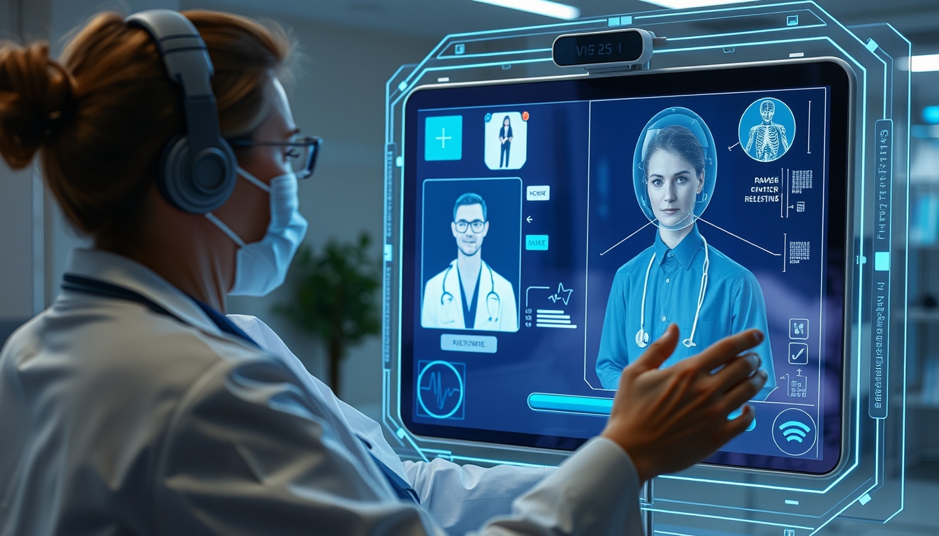 Remote healthcare consultation via hologram, depicting future medicine.