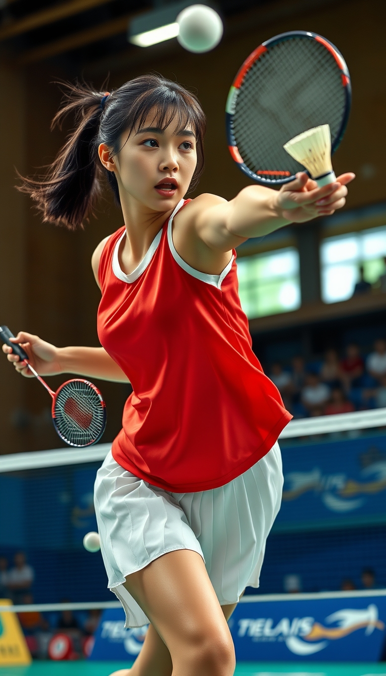 A detailed, realistic portrait of a young woman playing badminton in an indoor sports arena. The woman is wearing a bright red jersey and is mid-swing, her body in a dynamic, athletic pose as she focuses intently on the shuttlecock. The background is blurred, with glimpses of the court, net, and spectator stands visible. The lighting is natural and directional, creating shadows and highlights that accentuate the woman's features and muscular definition. The overall composition conveys a sense of energy, movement, and the intensity of the game. The image is highly detailed, with a photorealistic quality that captures the textures of the woman's clothing, skin, and the badminton equipment.

A woman with a beautiful face like a Japanese idol, she is wearing a white pleated skirt.

Badminton rackets and shuttlecocks with dynamic swings and motion blur. - Image