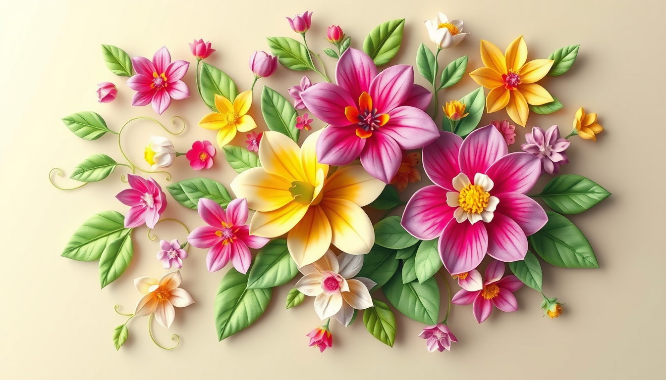 A vibrant and imaginative 3D concept for floral-patterned wallpapers. The design features intricate, colorful flowers and leaves intertwined in a harmonious pattern. The flowers are a blend of realism and abstract shapes, with vivid shades of pink, purple, yellow, and green. The background showcases a gradient effect, with a soft transition from lighter to darker tones. The overall ambiance is fresh, uplifting, and perfect for a modern, chic, and artistic atmosphere. - Image