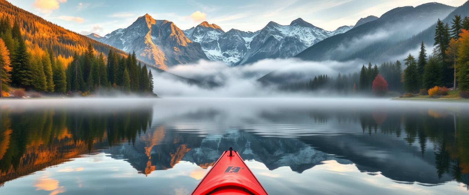 Peaceful, serene lake, mirror-like surface, misty morning, high quality, photorealistic, majestic mountains, pine trees, colorful autumn foliage, reflection, tranquil, secluded, remote, idyllic::0.7 kayaking, canoeing, rowboat, sunrise, sunset