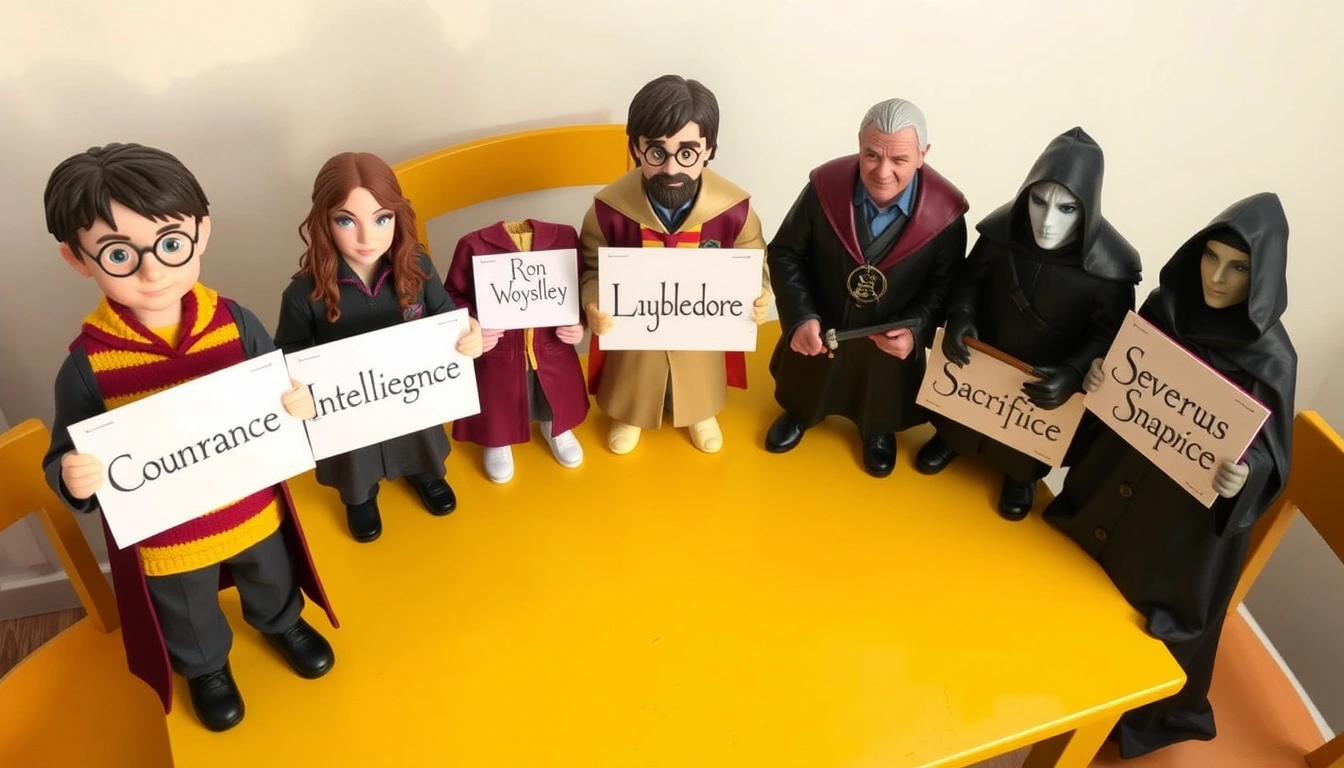 Five familiar characters standing on a yellow table, each holding a sign. On the left, Harry Potter holds a sign that says 'Courage'; next to him, Hermione Granger holds a sign that says 'Intelligence'; in the middle, Ron Weasley holds a sign that says 'Loyalty'; next to Ron, Dumbledore holds a sign that says 'Wisdom'; and on the right, Severus Snape holds a sign that says 'Sacrifice'.