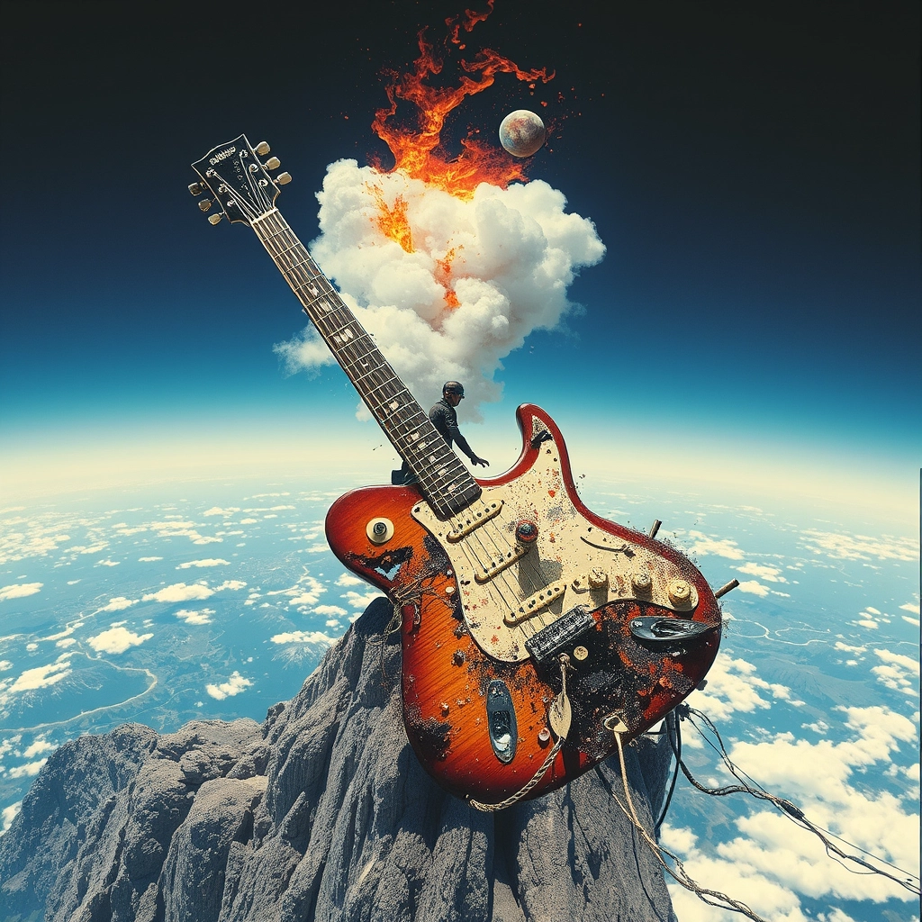 Small Fashionista double exposure monumental guitar broken and falling into pieces and debris over earth, perspective pop rock fluo collage sci-fi steampunk machinery extra dust particle cloud octane render and paper art ink art Méliès, Jules Verne, big eyes creature from hell, burning mountain, sad human climbing the sky, wires and cables. - Image