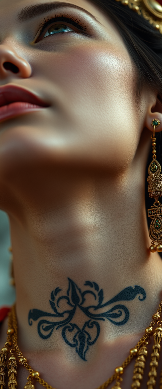 Close-up view of the tattooed neck of a Korean Indian woman with white skin and beautiful facial features, blue eyes, wearing gold ornaments and looking upwards.