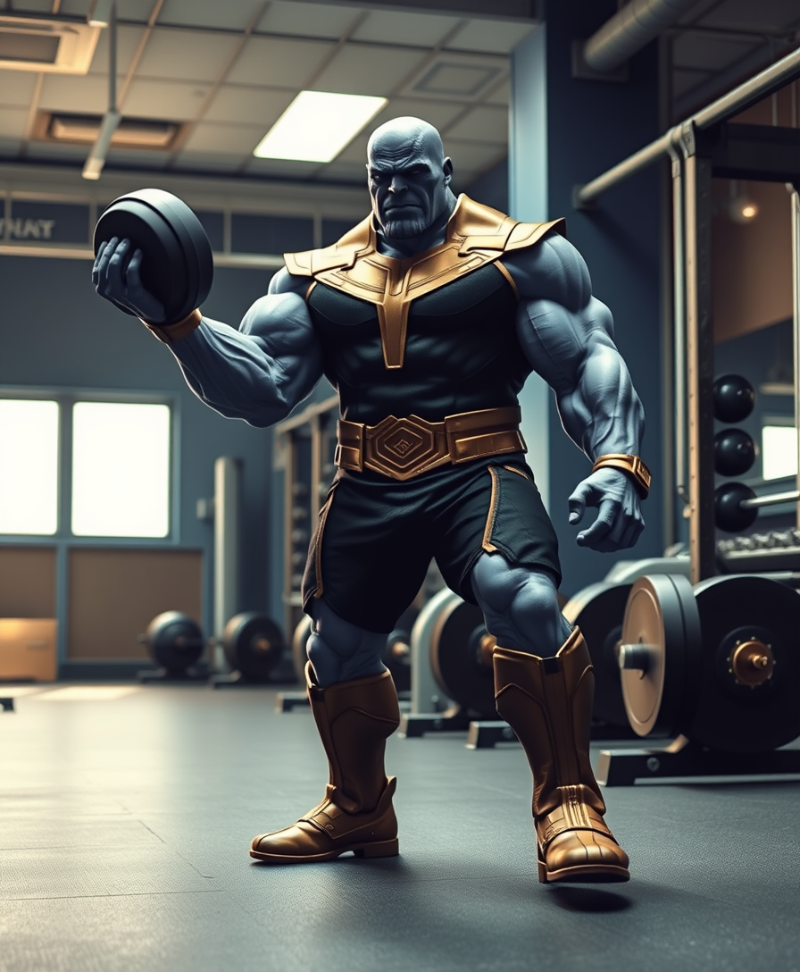 Thanos in the gym, lifting a heavy dumbbell with one hand from the ground. - Image