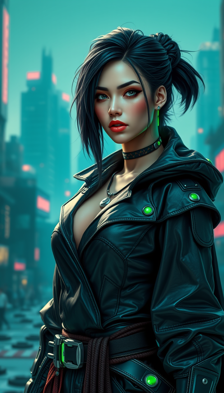 Cyber style of women warrior with rugged black hair and cybernetic implants | merging leather garments with futuristic cyberpunk elements | flowing robes and high-tech armor plating | dystopian cityscape background | in deep blue and neon green. hyper-real, 8k, AR, cute face style, no up