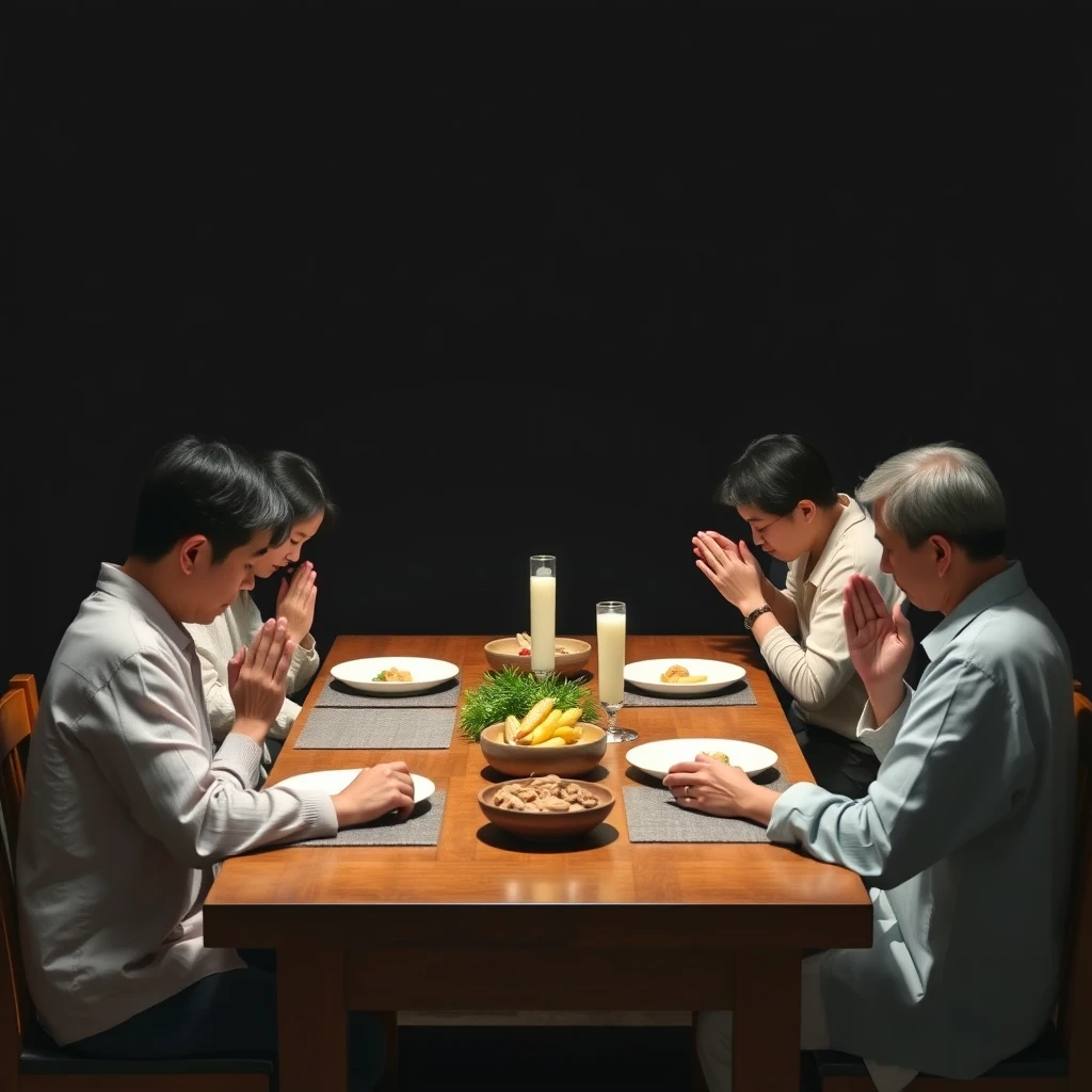 an Asian family sitting together around a dining table praying, photorealistic, 1:1 ratio, serene, dark background, plenty of whitespace around the subject, no deformed arms, no extra arm, casual clothing - Image