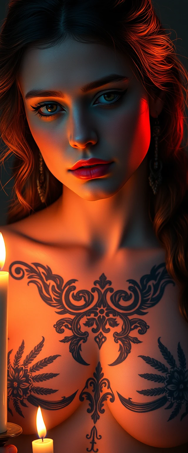 Arafed woman with a tattoo on her chest and chest. A symphony of pixels in hyperrealistic harmony, intricate and softly lit, an 8K revelation trending on ArtStation, brought to you by Leonardo Da Vinci. Hyperrealism, Candlelight, Fiber Optic Lighting, Hyper-realistic. - Image