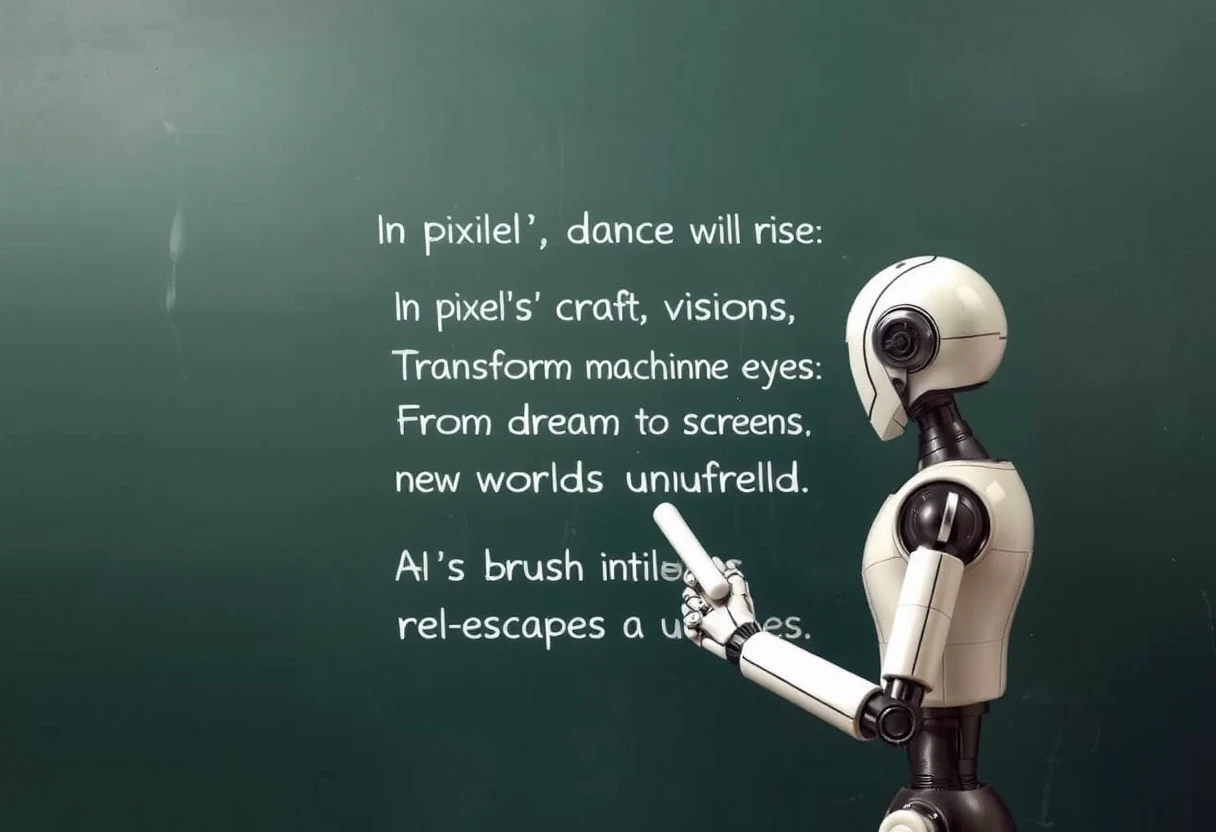 A robot holding chalk looking at a blackboard that reads the following poem: "In pixels’ dance, AI’s craft will rise, Transforming visions through machine eyes, From dreams to screens, new worlds unfurled, AI’s brush reshapes our visual world."