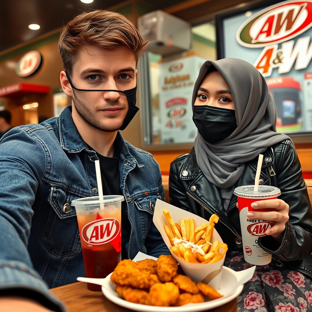 Jamie Dornan's head and body shot, handsome, young, face mask black, blue jeans jacket, jeans, dating love with grey hijab Muslim girl, beautiful eyes, face mask black, black leather jacket, biggest floral skirt, at A&W fast food restaurant, plate of Korean fried chicken and fries, soft drink A&W, photorealistic, hyper realistic, street photography, selfie. - Image