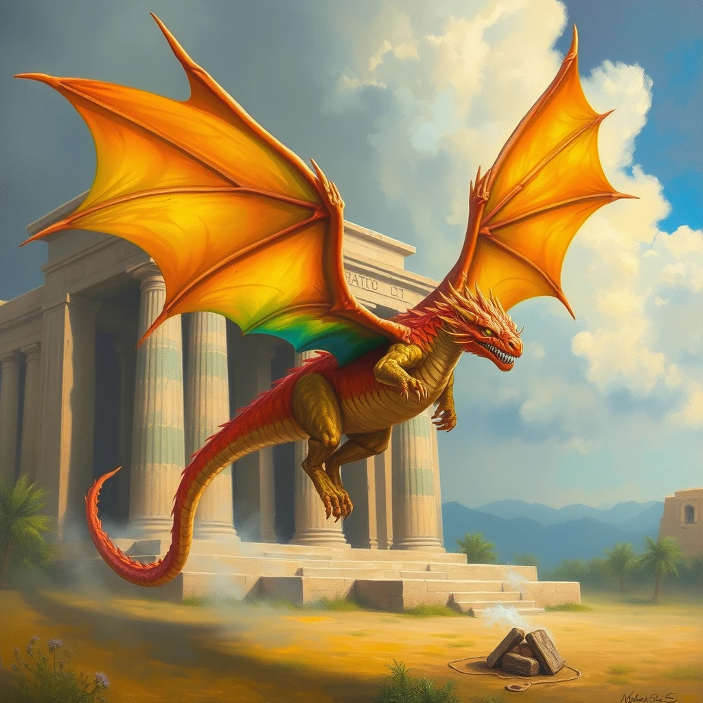 An oil painting of a rainbow medieval dragon flying outside an Egyptian temple.